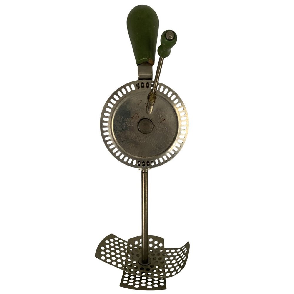 Hand-Crank Egg Beater Whipped Cream Green Handle & Stainless Steel Blade Vintag
